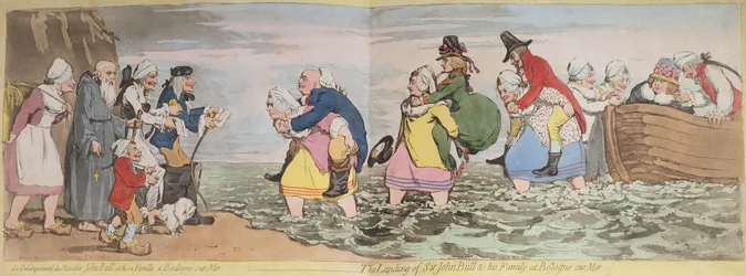 Le Debarquement du Chevalier John Bull i jego rodzina w Boulogne sur Mer lub The Landing of Sir John Bull und his Family at Bologne sur Mer, grawerowane przez Jamesa Gillraya (1756-1815) wydane przez Hannah H